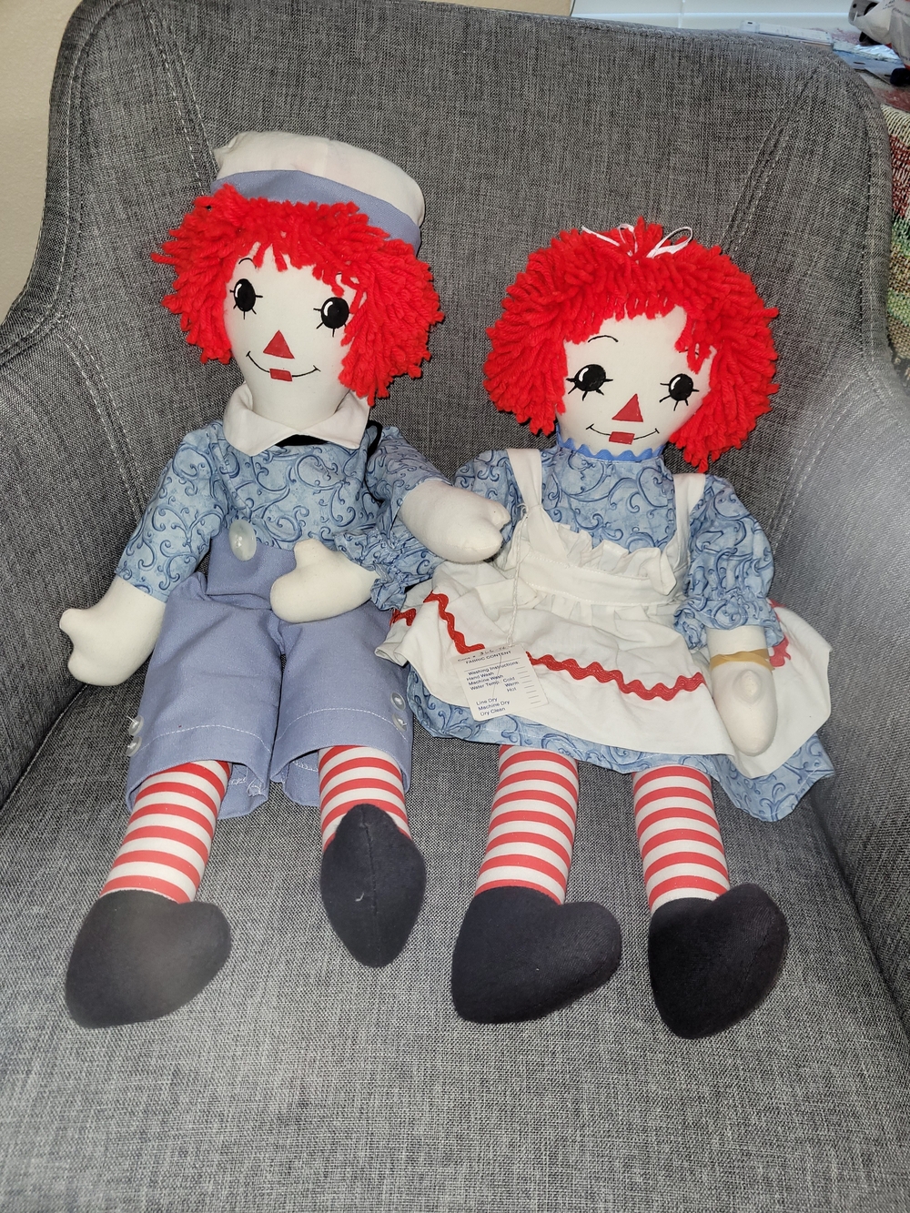Handmade Red-Haired Rag Doll Pair in Blue & White Outfits Vintage
